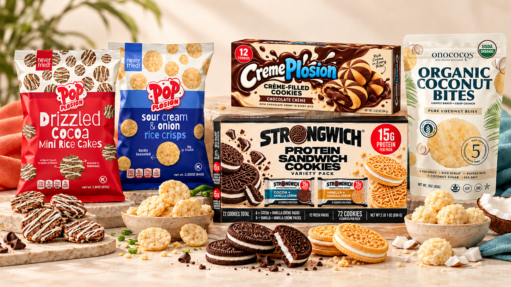 Joy Snacks product assortment — Pop Plosion rice snacks, Strongwich protein sandwich cookies, CremePlosion crème-filled cookies and OnoCocos coconut bites