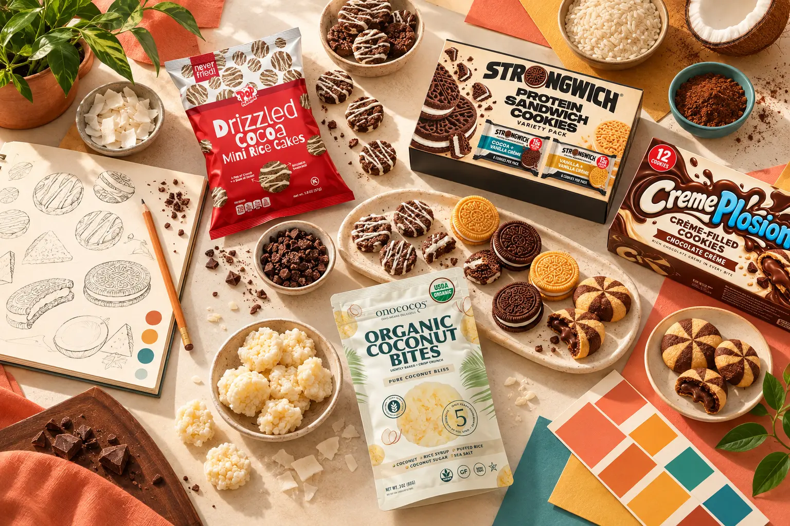 Joy Snacks product development — product sketches, ingredient bowls and packaging from the four brand ranges on a styled table