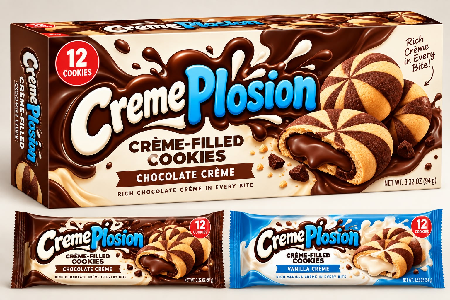 CremePlosion — Crème-Filled Cookies — Chocolate Crème & Vanilla Crème, 12 cookies